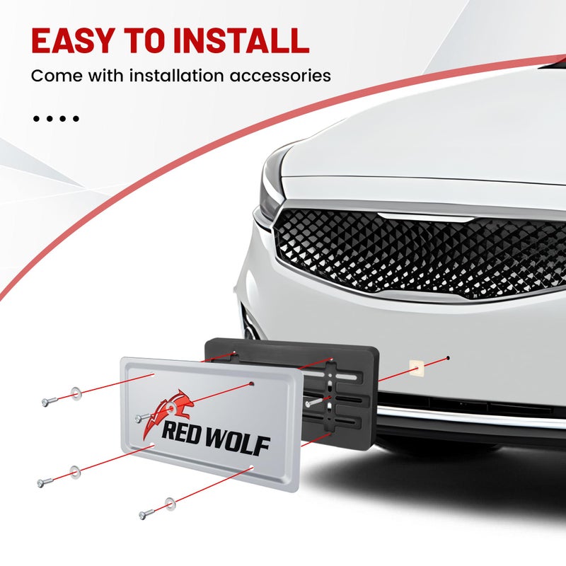 RED WOLF حامل إطار لوحة الترخيص الأمامية RED WOLF عالمي للسيارة والشاحنة والفان وSUV مع 6 براغي ومجموعة مفاتيح سوداء سهلة التركيب - Image 4