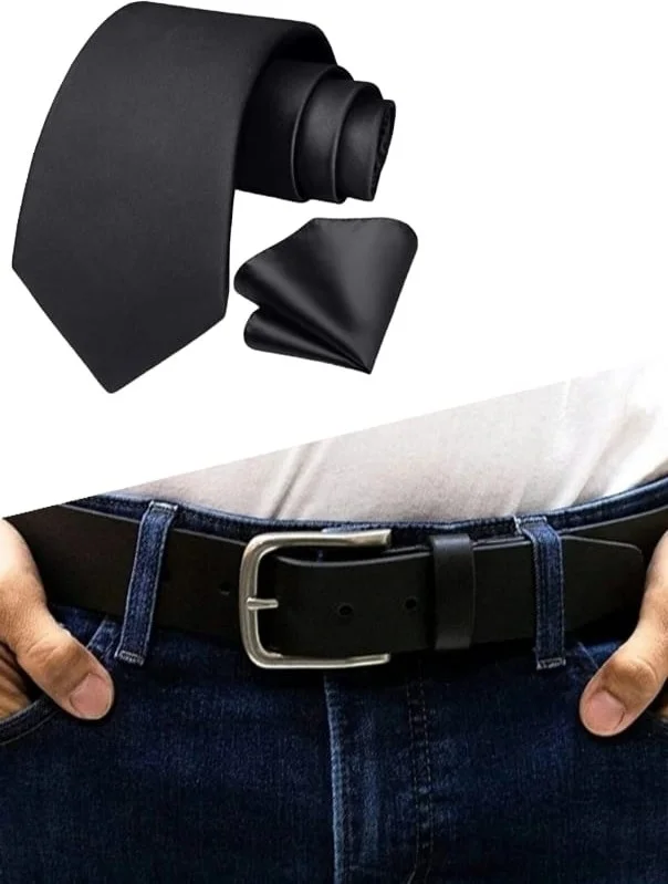 تيزجيلسين Men's Canvas Jeans Belt and Satin Tie Handkerchief Set