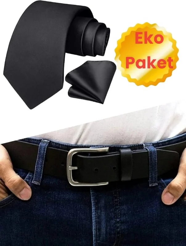 تيزجيلسين Men's Canvas Jeans Belt and Satin Tie Handkerchief Set