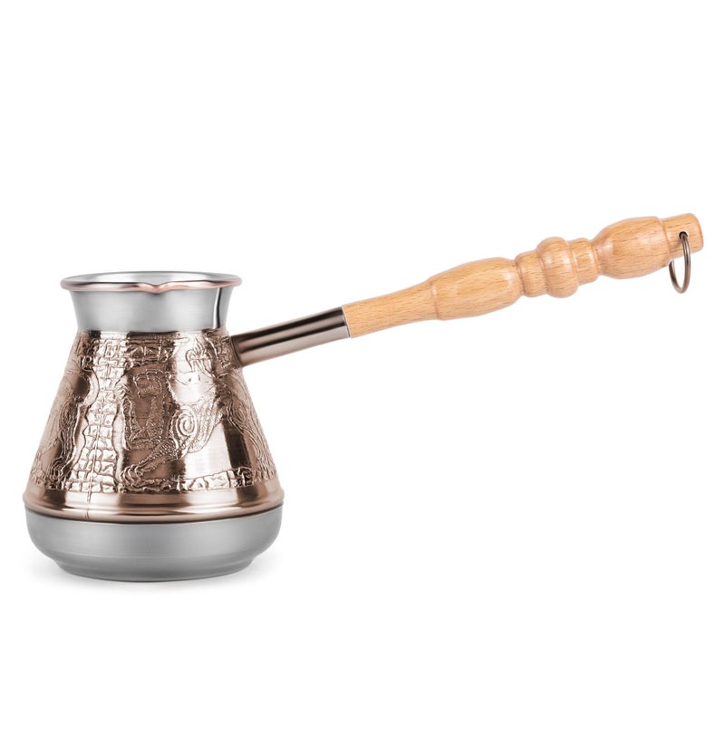 Stanitsa, LLC Turkish Cezve 14 Fl Oz 400 ML Leopard Copper Cezve Large Turka Turkish Coffee Pot Greek Arabic Coffee Pot with Wooden Handle Jezve Maker - Image 1