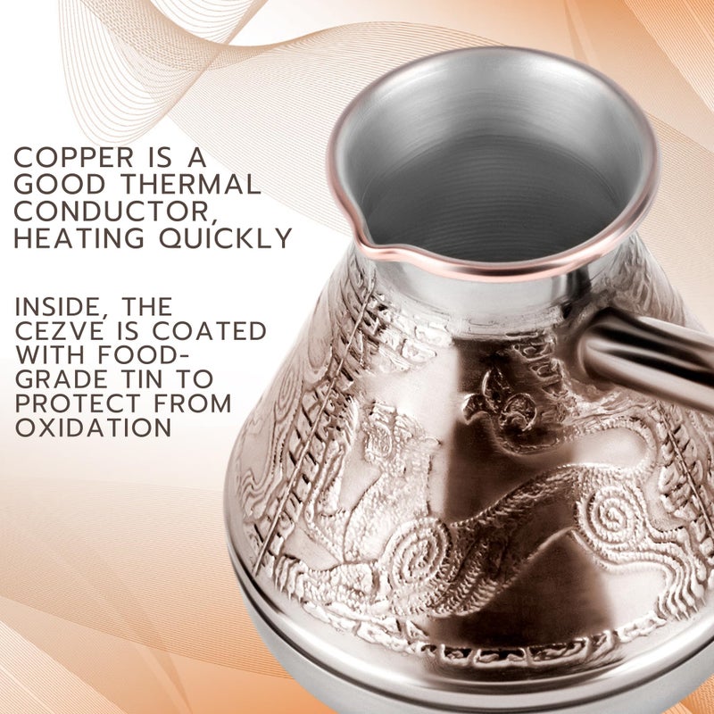Stanitsa, LLC Turkish Cezve 14 Fl Oz 400 ML Leopard Copper Cezve Large Turka Turkish Coffee Pot Greek Arabic Coffee Pot with Wooden Handle Jezve Maker - Image 4