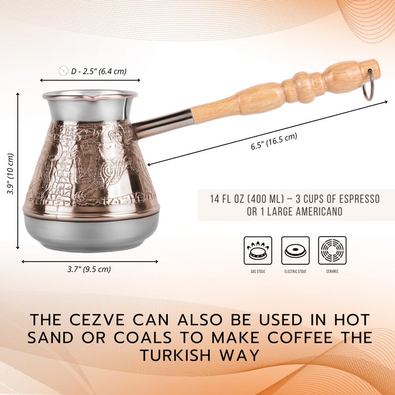 Stanitsa, LLC Turkish Cezve 14 Fl Oz 400 ML Leopard Copper Cezve Large Turka Turkish Coffee Pot Greek Arabic Coffee Pot with Wooden Handle Jezve Maker - Image 3