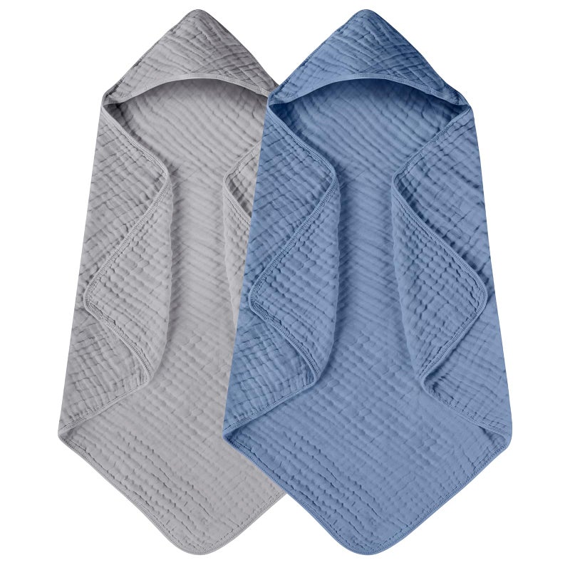 Yoofoss Hooded Baby Towels for Newborn 2 Pack 100% Muslin Organic Cotton Baby Bath Towel with Hood for Babies, Infant, Toddler and Kids, 32x32Inch, Soft and Absorbent Newborn Essential,Grey& Dark Blue - Image 1