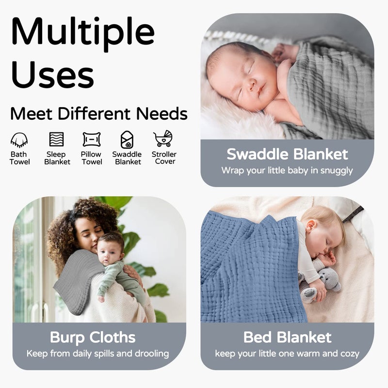 Yoofoss Hooded Baby Towels for Newborn 2 Pack 100% Muslin Organic Cotton Baby Bath Towel with Hood for Babies, Infant, Toddler and Kids, 32x32Inch, Soft and Absorbent Newborn Essential,Grey& Dark Blue - Image 2