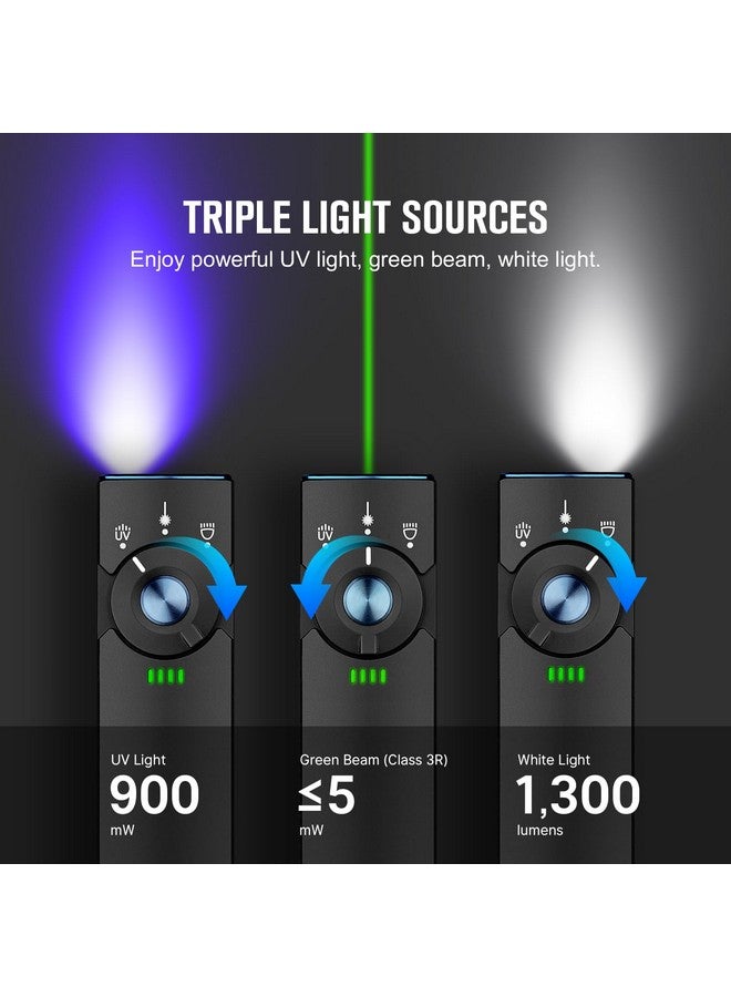 OLIGHT OLIGHT Arkfeld Pro Rechargeable EDC Flashlight with Green Beam, UV Light and White LED Combo, 1300 Lumens Portable Flat Flashlights, Triple Light Sources Pocket Lights for Emergency (Black CW)  - Image 2