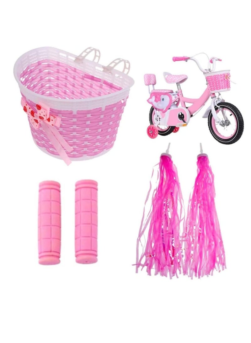 Excefore Kid's Bicycle Basket Streamers Set, Girl Bike Basket, Bike Handlebar Wicker Basket Bike Streamers Bell and Stickers,Bike Basket Front Decoration for Girls Pink - Image 1