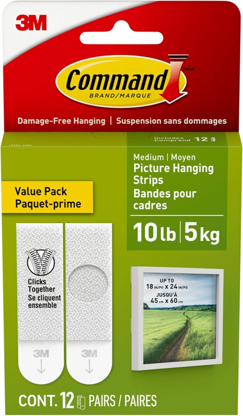 Command 3M Picture Hanging Strips, 4 Pairs Hold 12 lbs, Hang Damage-Free, Create Gallery Walls, 12 Pairs (24 Strips, Value Pack, Hangs 3-6 Frames (17204-12ES) - Image 1