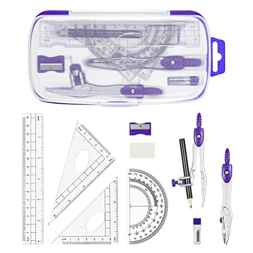 Unjoo Math Geometry Kit Sets 10 Piece Student Supplies with Shatterproof Storage Box,Includes Rulers,Protractor,Compass,Eraser,Pencil Sharpener,Lead Refills,Pencil,for Drafting and Drawings（Purple） - Image 2