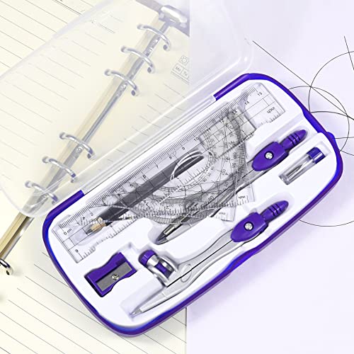 Unjoo Math Geometry Kit Sets 10 Piece Student Supplies with Shatterproof Storage Box,Includes Rulers,Protractor,Compass,Eraser,Pencil Sharpener,Lead Refills,Pencil,for Drafting and Drawings（Purple） - Image 4