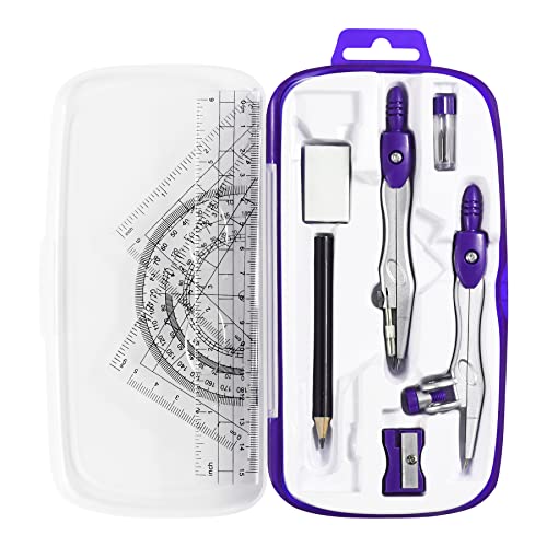 Unjoo Math Geometry Kit Sets 10 Piece Student Supplies with Shatterproof Storage Box,Includes Rulers,Protractor,Compass,Eraser,Pencil Sharpener,Lead Refills,Pencil,for Drafting and Drawings（Purple） - Image 1