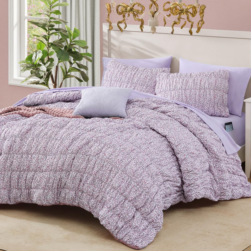 BLOOMHAVEN Queen Comforter Set - 7 Pieces Pink Classic Puff Floral Bedding Sets for All Seasons, Shabby Chic Farmhouse Bed in a Bag Queen with Wildflowers Fluffy Comforter, Sheets, Pillowcases & Shams - Image 1