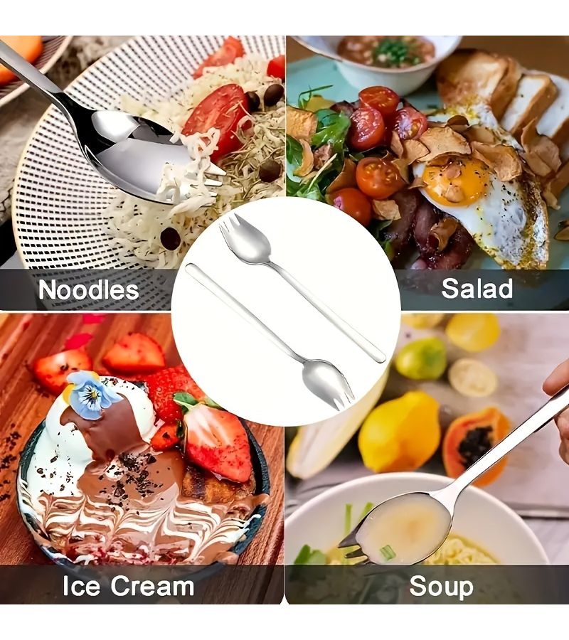 Silver 6 Piece Stainless Steel Spoon Fork Set Long Handle for Dessert Salad and Fruit - Image 5