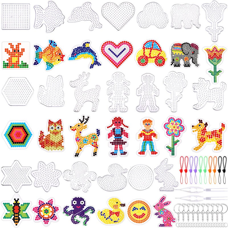 Augsun 20 Pieces 5mm Fuse Beads Pegboards Clear Plastic Pegboards Craft Tray with 20 Pieces Colorful Cards, 4 Pieces White Beads Tweezers, 10 Keychains, 10 Hang Ropes, 20 Hang Circle for Kids DIY Craft Beads - Image 1