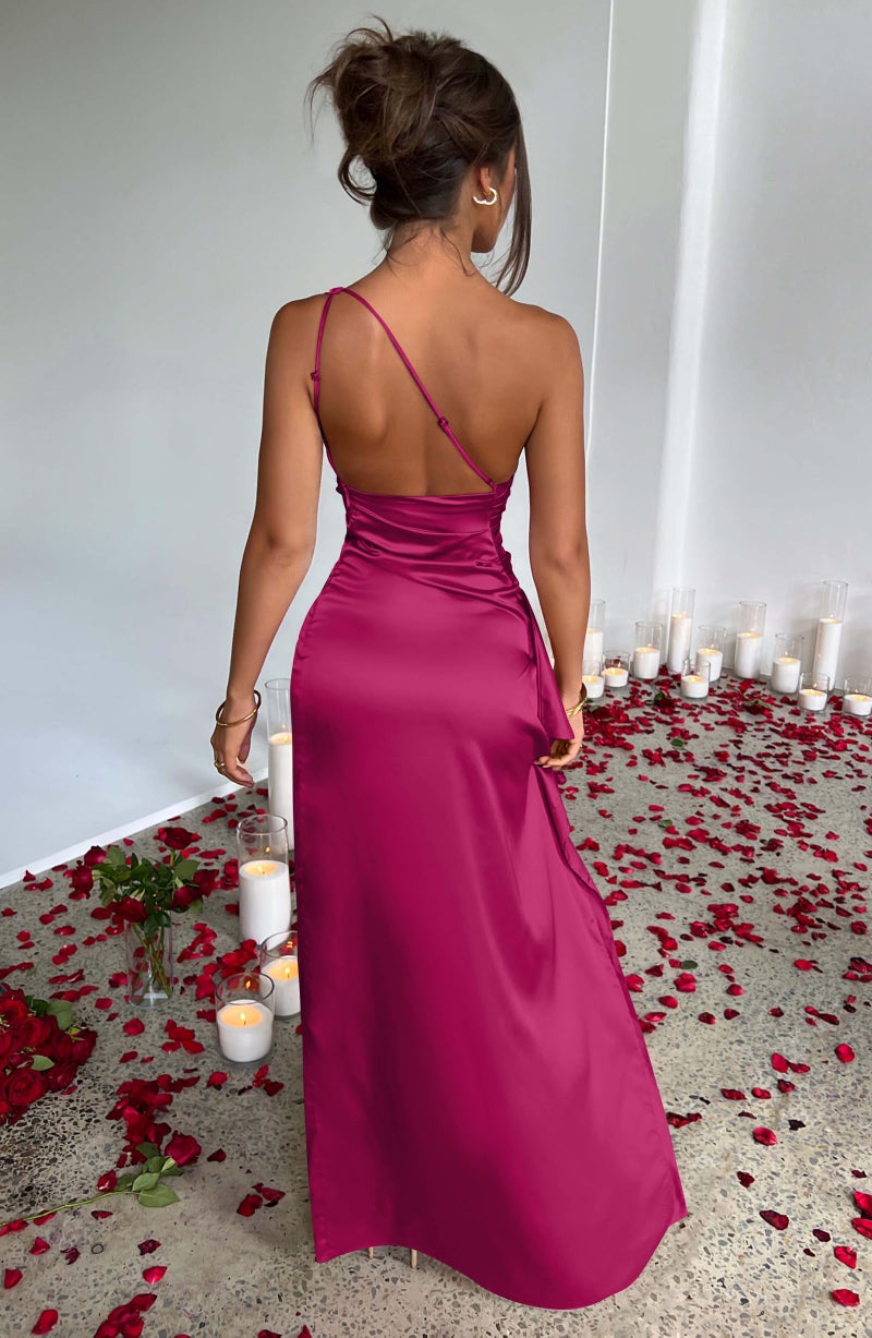 Memoriesea Women's Sexy One Shoulder Satin High Split Cocktail Wedding Party Maxi Dress Rose Red - Image 5