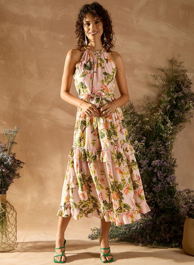 كاجوالي فستان ميدي بكشكشة وزهور - Image 1