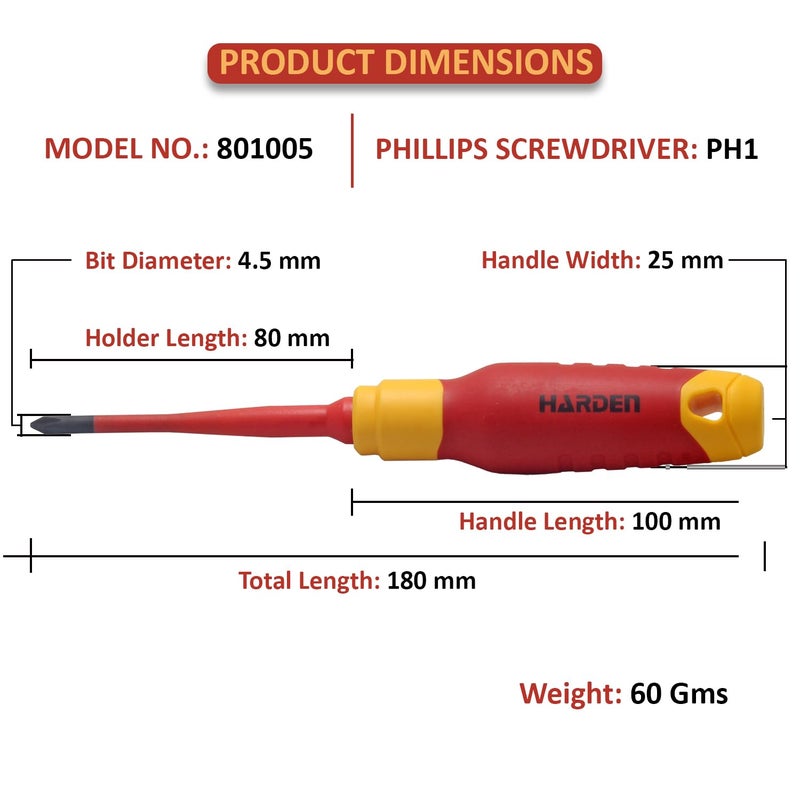 HARDEN Insulated Magnetic Phillips Type Screwdriver PH1 X 80mm Professional Electrician VDE Can Withstand 1000V Total Length 180mm 801005 - Image 2