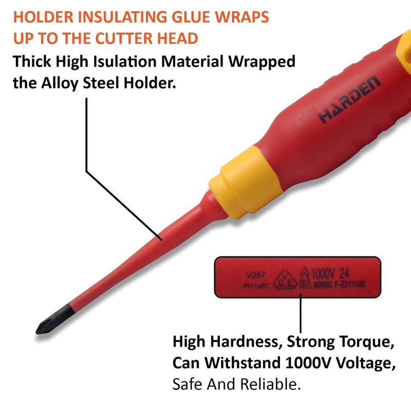 HARDEN Insulated Magnetic Phillips Type Screwdriver PH1 X 80mm Professional Electrician VDE Can Withstand 1000V Total Length 180mm 801005 - Image 3