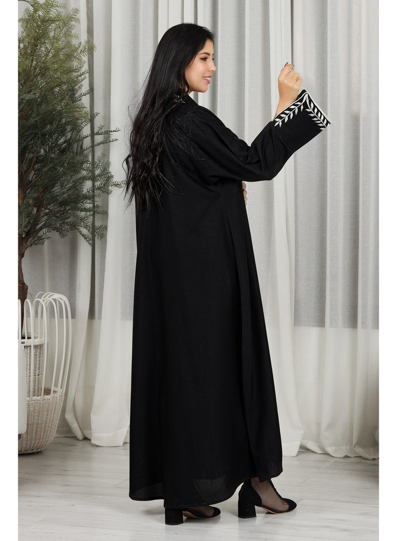 MyesuQ Black abaya decorated with a white pattern - Image 2