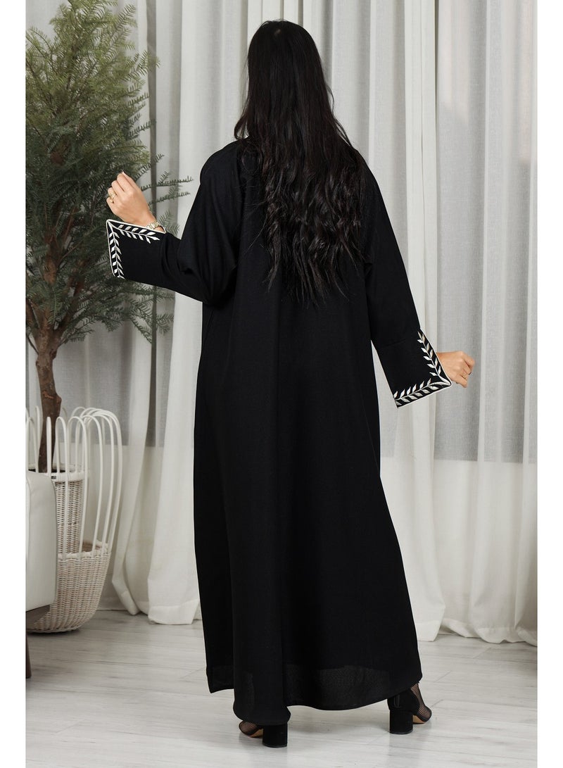 MyesuQ Black abaya decorated with a white pattern - Image 3