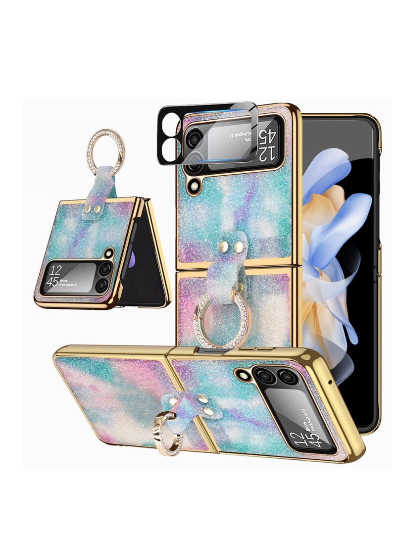 SYOSI Compatible Glitter Case for Samsung Galaxy Z Flip 4 5G Case with Screen Protector& Ring,Bling Rhinestone Diamond Case Crystal Samsung Flip 4 Case,Phone Case for Samsung Galaxy Z Flip 4 Case Blue - Image 1