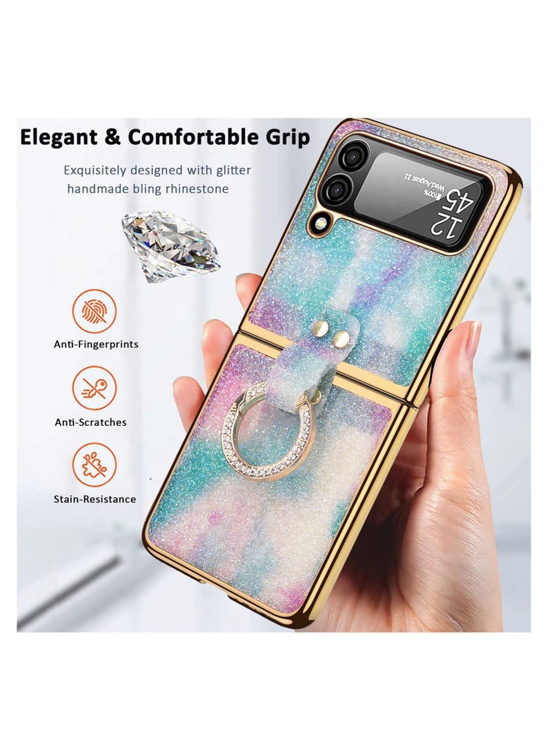 SYOSI Compatible Glitter Case for Samsung Galaxy Z Flip 4 5G Case with Screen Protector& Ring,Bling Rhinestone Diamond Case Crystal Samsung Flip 4 Case,Phone Case for Samsung Galaxy Z Flip 4 Case Blue - Image 2