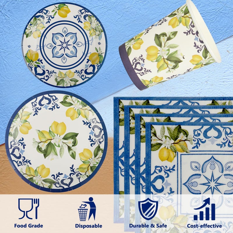 Resflyar 250 PCS Capri Lemon Party Tableware Supplies  Disposable Blue Paper Plates Cups Napkins  Blue Tile and Mediterranean Lemon Dinnerware Set for Anniversary  Birthday Decorations  Serves 50 Guests - Image 3