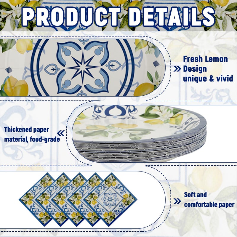Resflyar 250 PCS Capri Lemon Party Tableware Supplies  Disposable Blue Paper Plates Cups Napkins  Blue Tile and Mediterranean Lemon Dinnerware Set for Anniversary  Birthday Decorations  Serves 50 Guests - Image 2