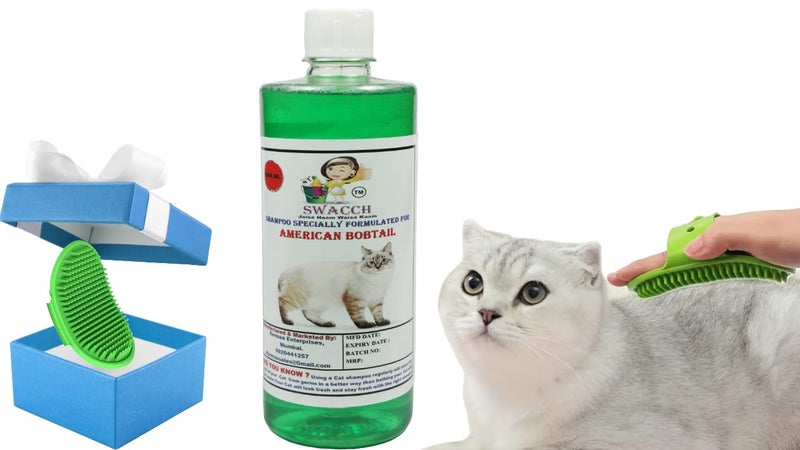 Swacch American Bobtail Cat Shampoo - 500ml (Neem Alovera) + Bath Brush with Adjustable Straps Combo Pack - Image 1