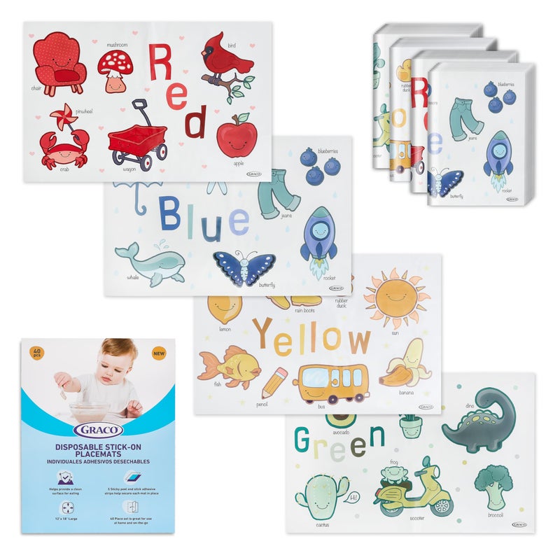 Graco Baby Disposable Stick-On Placemats, 40 Sheets with Assorted Designs, 12" x 18", Adhesive Table Mats for Mealtime, Home & Restaurant Use, Eco-Friendly - Image 1