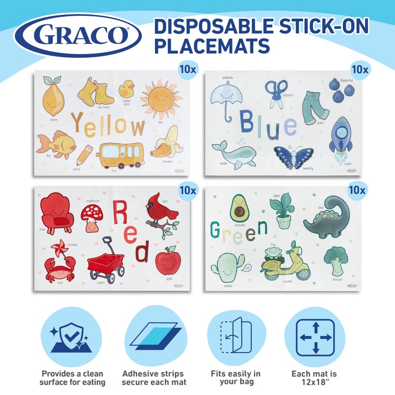 Graco Baby Disposable Stick-On Placemats, 40 Sheets with Assorted Designs, 12" x 18", Adhesive Table Mats for Mealtime, Home & Restaurant Use, Eco-Friendly - Image 2