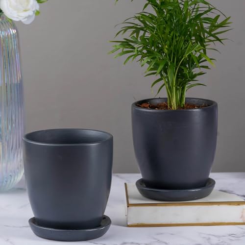 Nurturing Green® Set of 2 Contemporary Charcoal Grey Ceramic Pots (Plants Not Included) for Home, Indoor Décor & Gifting (Size: 4.25 Wide | Comes with Bottom Plates) - Image 1