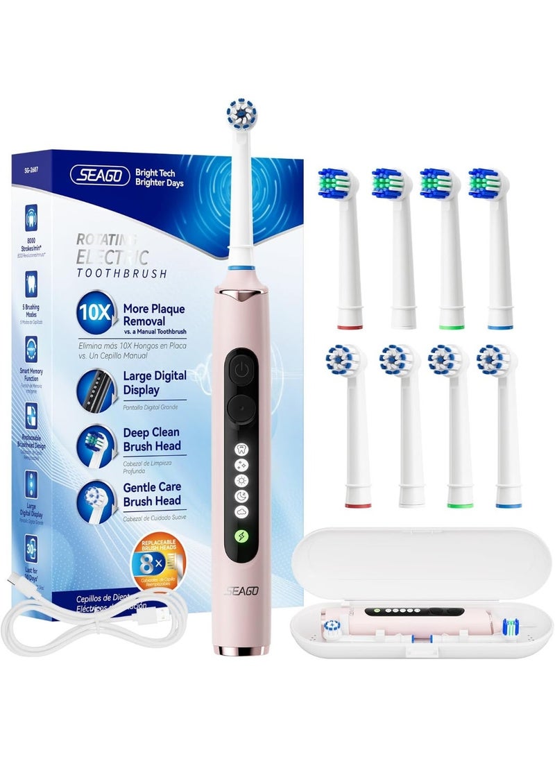 سيجو فرشاة أسنان كهربائية دوارة من سيجو للبالغين مع 8 رؤوس فرشاة، 5 أوضاع تنظيف، فرشاة أسنان صوتية قابلة لإعادة الشحن مع مؤقت وحقيبة سفر للبالغين والأطفال (SG-2607-Pink) - Image 1