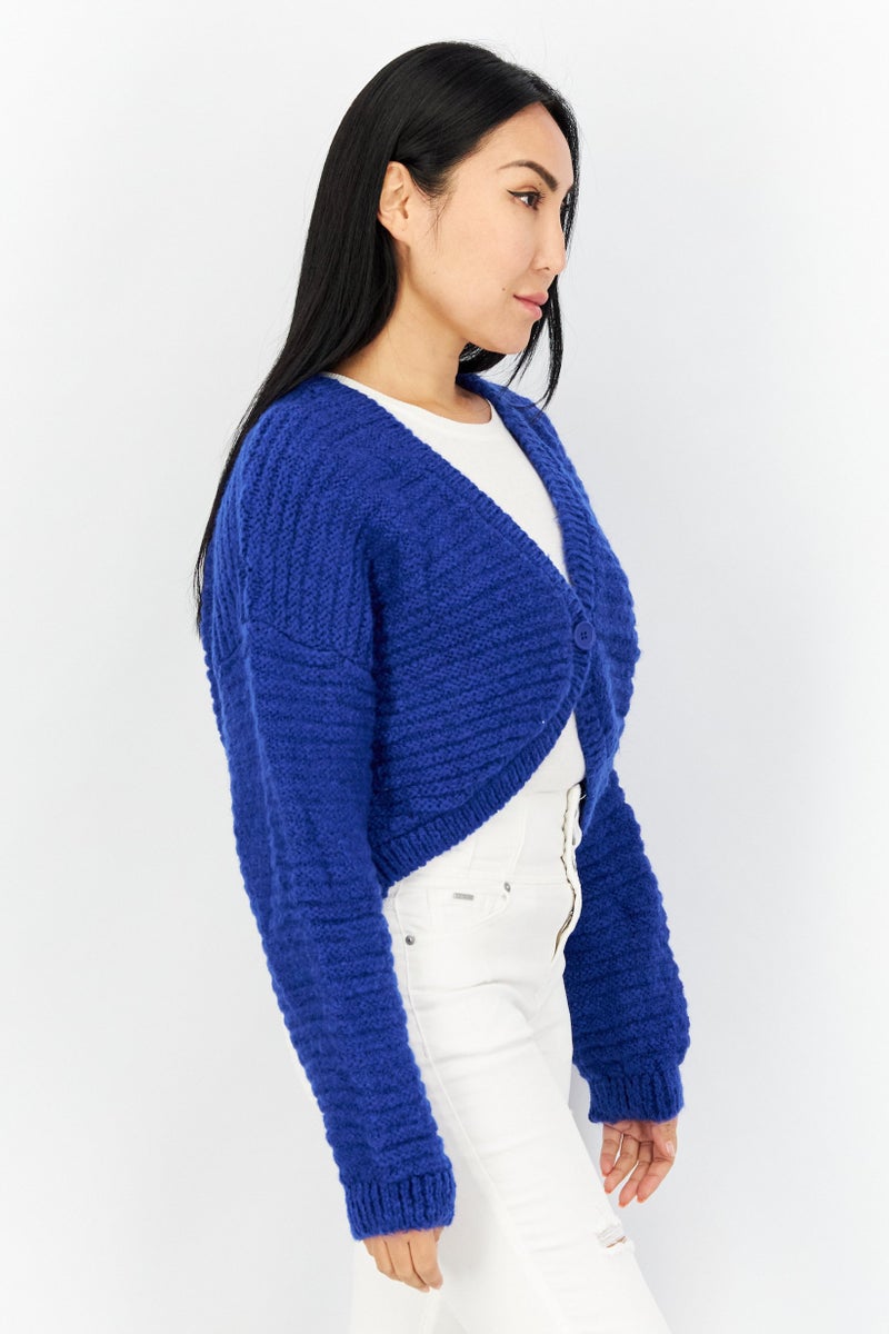 Reserved Women Knitted Button Down Long Sleeve Crop Cardigan, Blue - Image 3