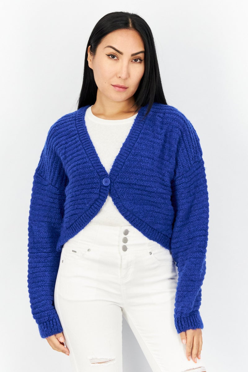 Reserved Women Knitted Button Down Long Sleeve Crop Cardigan, Blue - Image 1