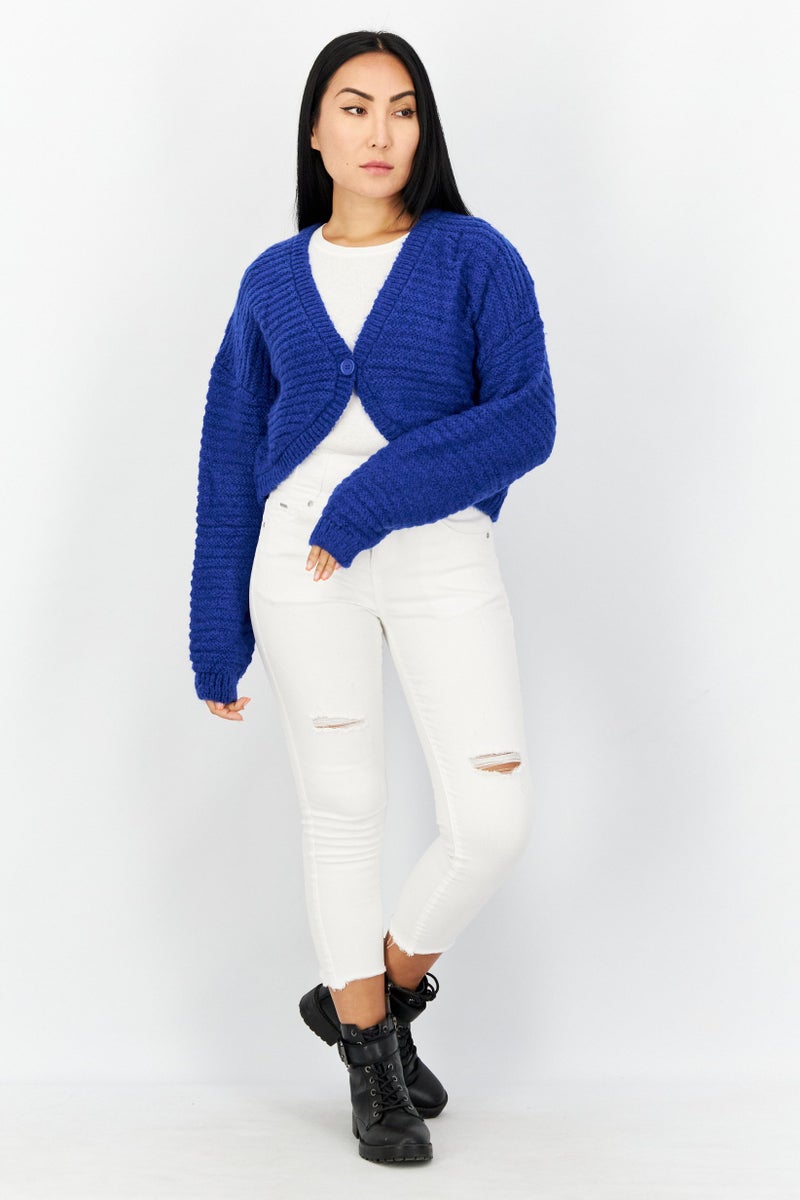 Reserved Women Knitted Button Down Long Sleeve Crop Cardigan, Blue - Image 2