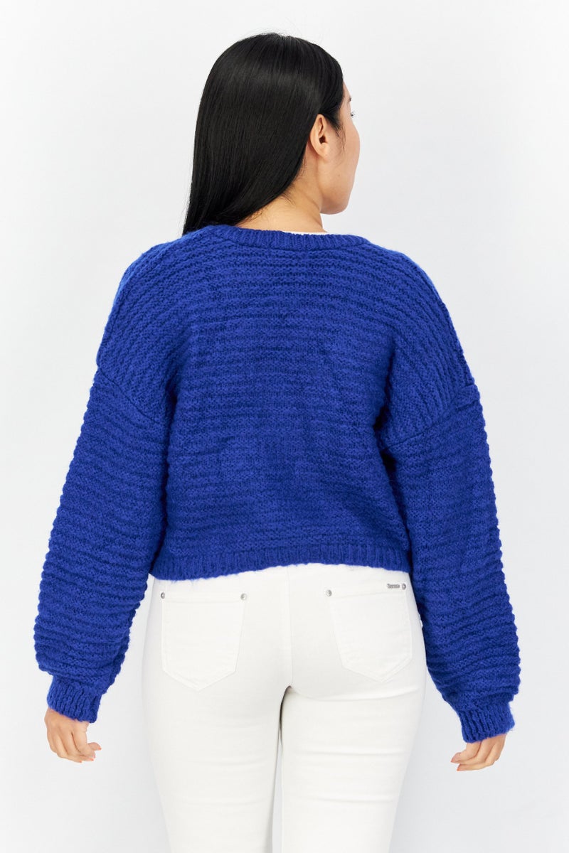 Reserved Women Knitted Button Down Long Sleeve Crop Cardigan, Blue - Image 4