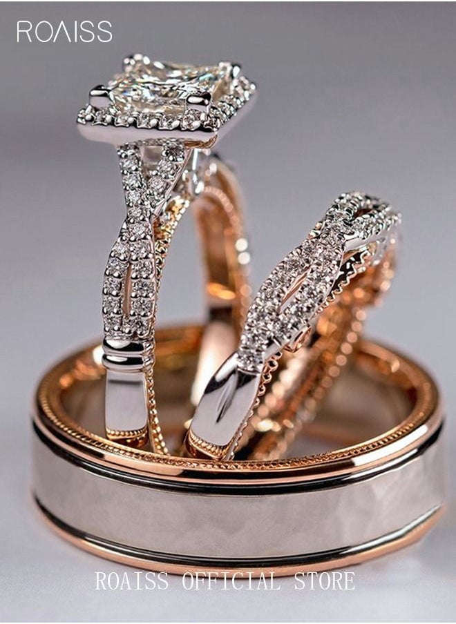 roaiss 3Pcs Zircon Ring Set Rhinestone Crystal Promise Engagement Eternity Rings Eternity Finger Jewelry Wedding Gift for Couples Men Women Teen Girls Rose Gold  - Image 1