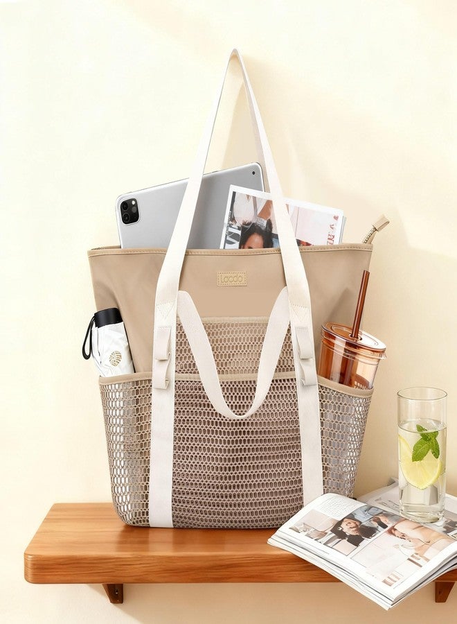 Lacdo Tote Bag for Women, Casual Mesh Tote Bag Hobo Women Foldable Handbag Shoulder Bag, Large Capacity Beach Bag for Travel Picnic Vacation Essentials, Khaki - Image 3