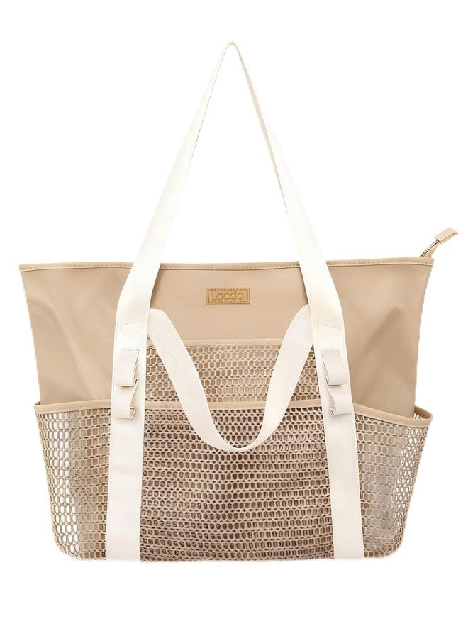 Lacdo Tote Bag for Women, Casual Mesh Tote Bag Hobo Women Foldable Handbag Shoulder Bag, Large Capacity Beach Bag for Travel Picnic Vacation Essentials, Khaki - Image 1