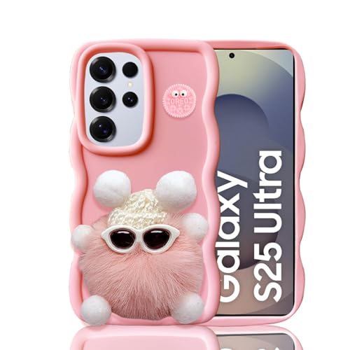 KC Back Cover for Samsung Galaxy S25 Ultra 5G - 3D Big Wave with Cute Specs Pink Fur Ball Character Camera Protection Case (Pink) - Image 1
