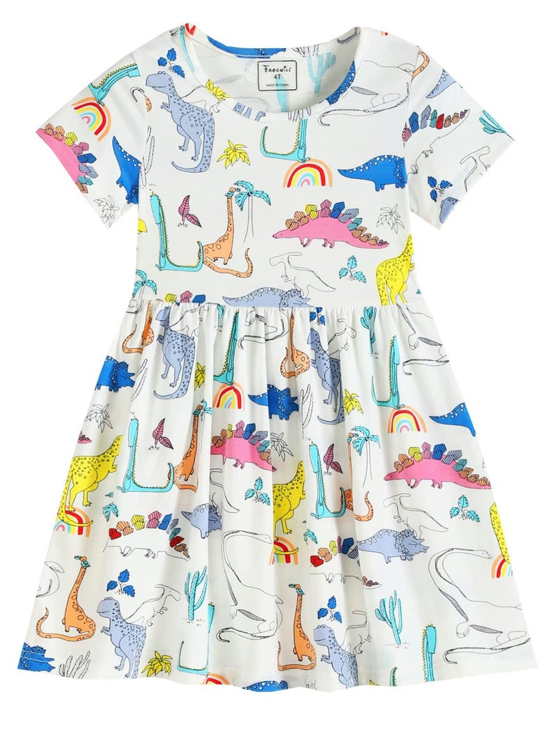 Frogwill Toddler Girls Dinosaur Cotton Dress Short Sleeve Summer Casual Outfit 4T, White - Image 1