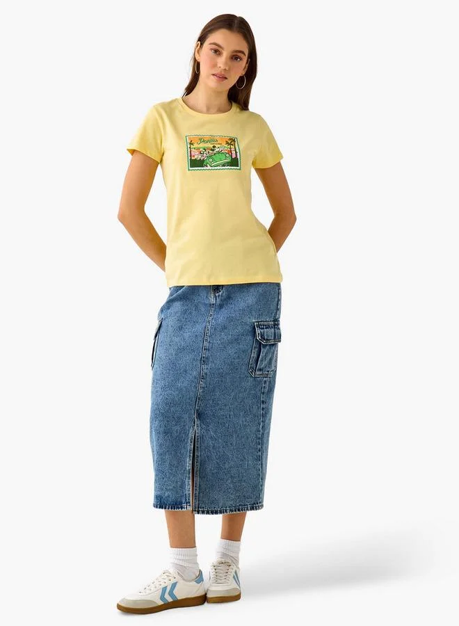 اس بي كاركترز Regular Fit Cotton T-shirt with Mickey and Minnie Mouse Print