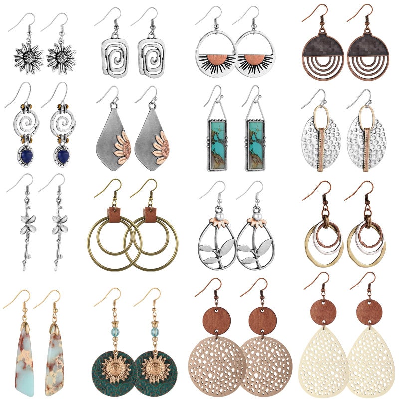 Funtopia 16 Pairs Boho Earrings for Women, Funtopia Dangle Earrings for Women Trendy, Vintage Ethnic Sunflower Earrings, Statement Geometric Round Teardrop Wooden Leather Earrings Jewelry - Image 1