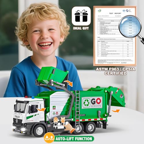 HAPYAD AUTOLift Function Garbage Truck Toys Metal Cab Trash Truck Toy Set with Lights and Sounds Includes 3 Dumpsters Birthday Gift for Kids Boys Toddlers Green - Image 5