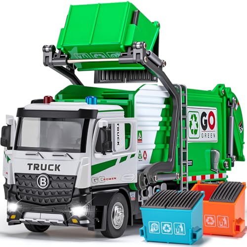 HAPYAD AUTOLift Function Garbage Truck Toys Metal Cab Trash Truck Toy Set with Lights and Sounds Includes 3 Dumpsters Birthday Gift for Kids Boys Toddlers Green - Image 1