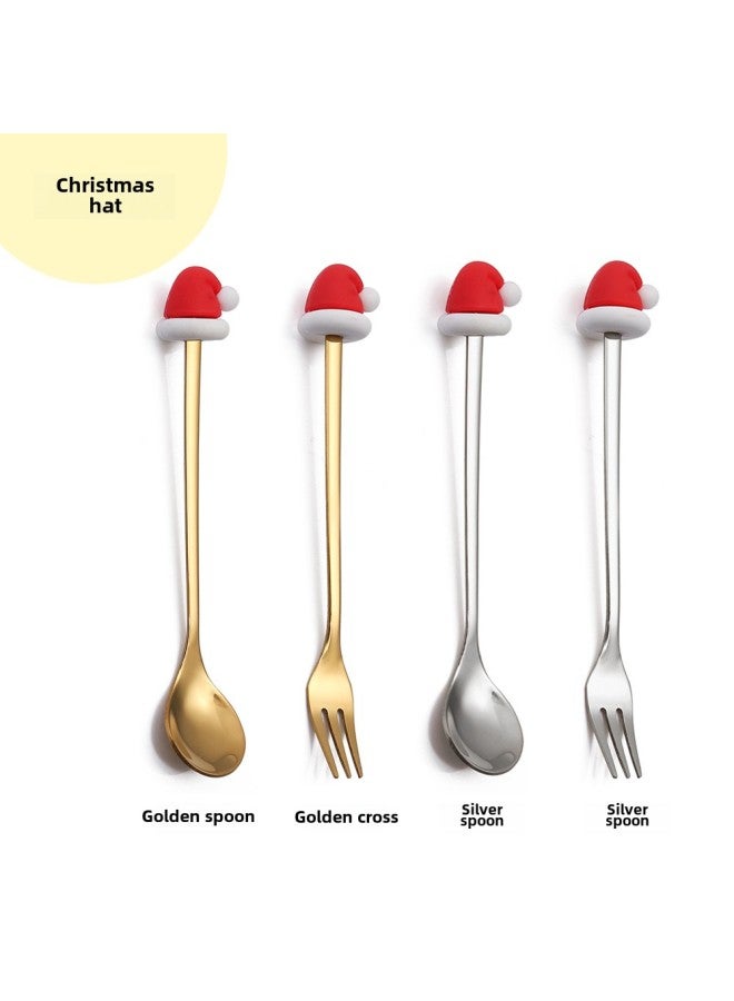 W Cartoon Doll Spoon Q Version Christmas Spoon Mixing Spoon Cute Lucky Bag Rabbit Fork Dessert Spoon With Hand Gift Spoon Fork-Color:Gold-fork-Specifications:Christmas Hat  - Image 1