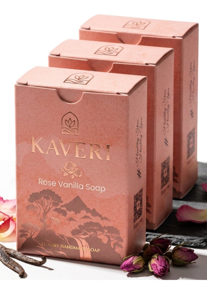 Kaveri Rose Vanilla Soap Bar (Pack Of 3 )- Natural Aromatherapy Face & Body Soap for Dry Sensitive Skin - Organic Moisturizing Bar with Rose Petals - Handmade Cold Process Coconut Oil Soap 110g*3 - Image 1