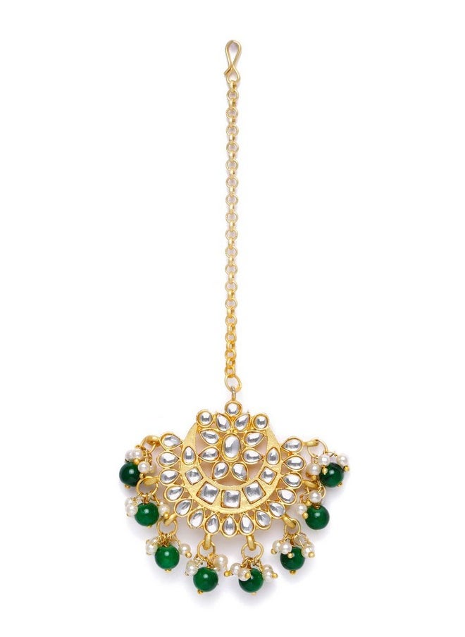 I Jewels I Jewels 18K Gold Plated Ethnic Matte Finish Traditional Kundan Studded Maang Tikka With Pearls For Women/Girls (T2861G)  - Image 1
