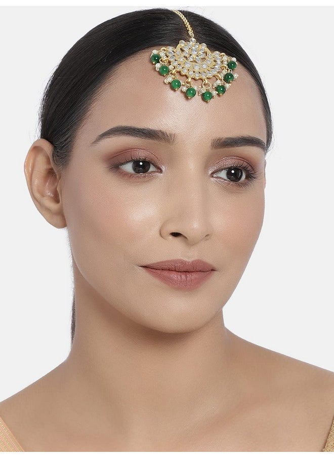 I Jewels I Jewels 18K Gold Plated Ethnic Matte Finish Traditional Kundan Studded Maang Tikka With Pearls For Women/Girls (T2861G)  - Image 2