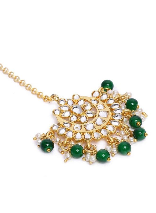 I Jewels I Jewels 18K Gold Plated Ethnic Matte Finish Traditional Kundan Studded Maang Tikka With Pearls For Women/Girls (T2861G)  - Image 3